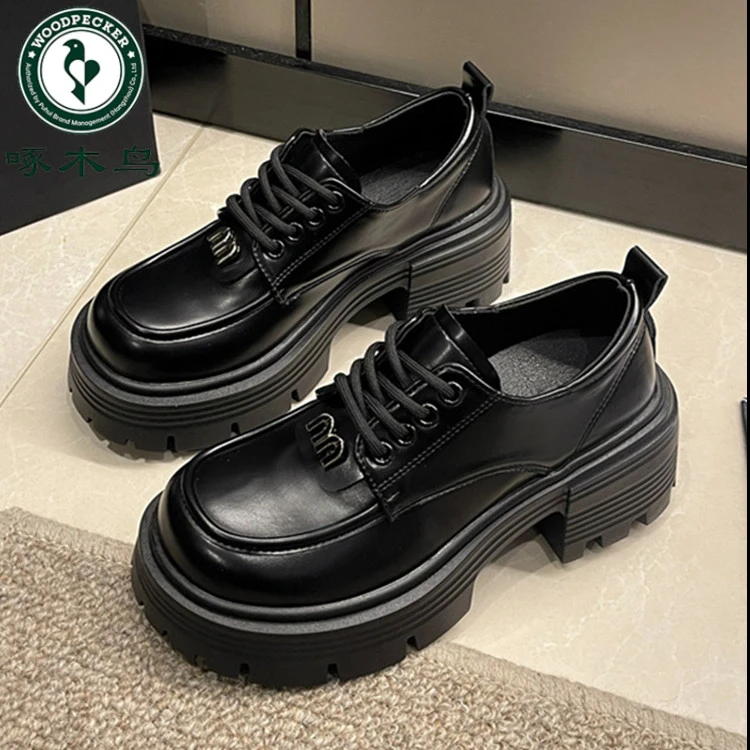 啄木鸟系带小皮鞋女2025春秋新款ins潮网红时尚百搭厚底乐福单鞋