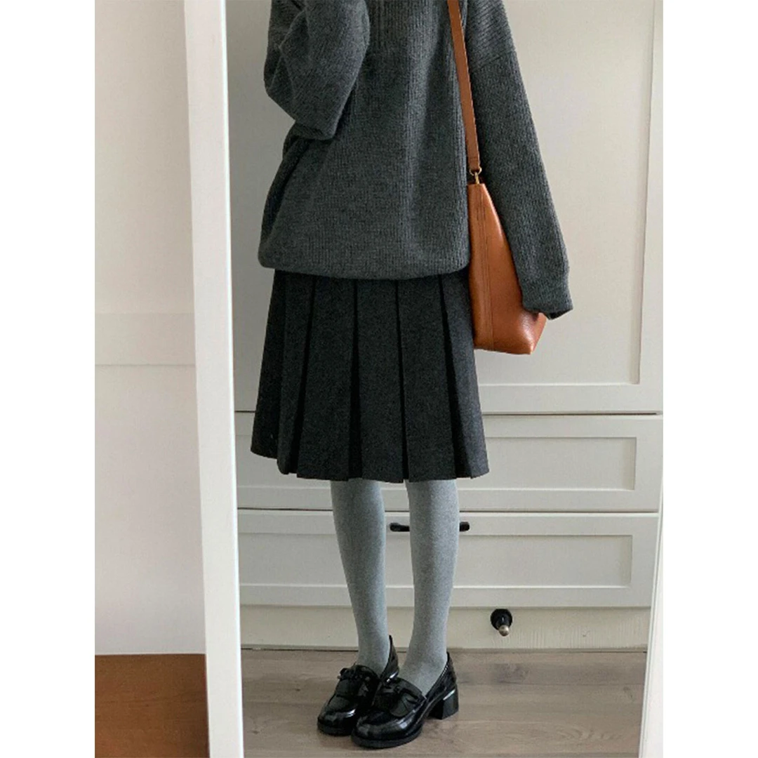 大码冬季款灰色毛呢高腰遮肉显瘦半身裙女梨形身材遮胯百搭百褶裙