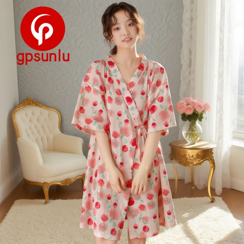 gpsunlu「小清新」甜美睡袍女夏季晨袍纯棉纱布短袖和服系带睡衣裙