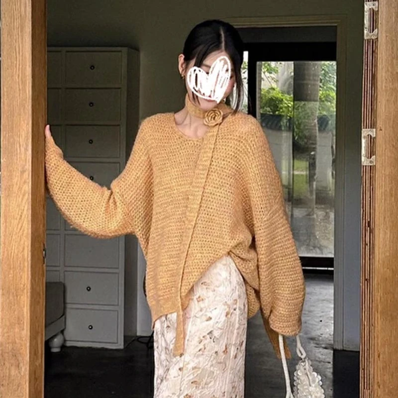 韩系慵懒感氛围V领针织毛衣女2025年春季新款宽松设计感气质上衣