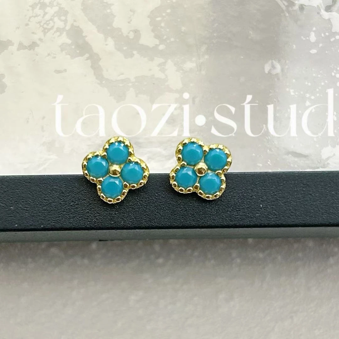 925银耳饰 蓝色小花通体纯银小耳钉简约百搭显白纯银小耳钉