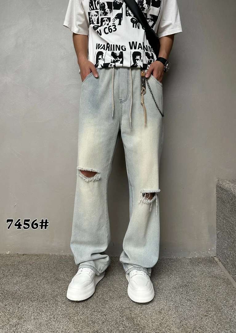 2025夏款破洞软牛仔裤男女款休闲百搭宽松浅色复古垂感微喇叭裤