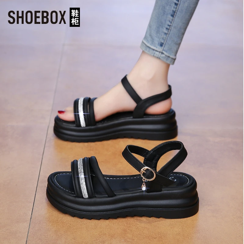 SHOEBOX鞋柜凉鞋女夏2025新款仙女风厚底时尚水钻沙滩罗马凉鞋