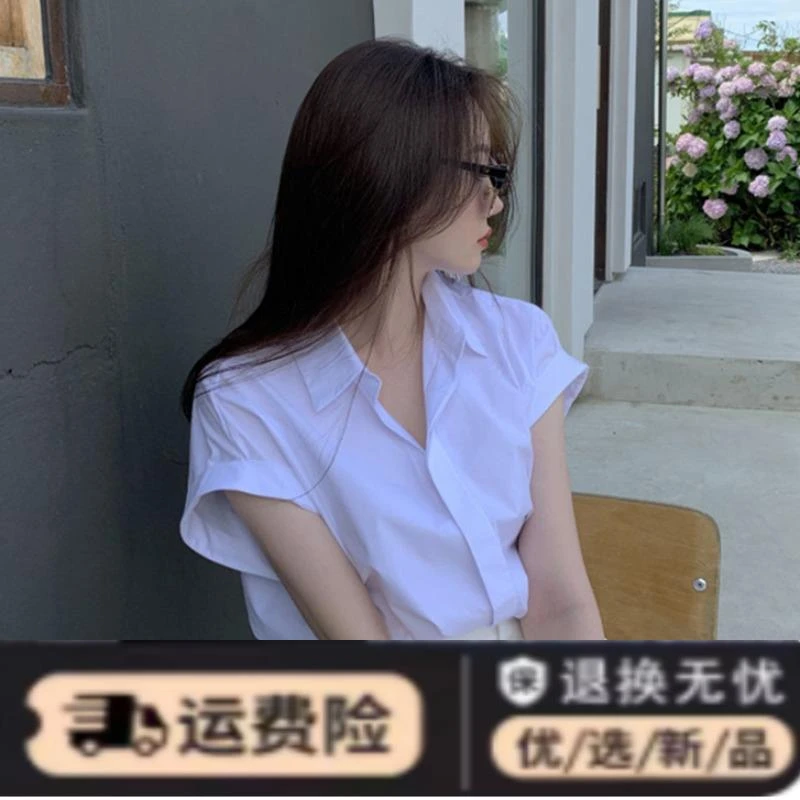 韩国chic夏季减龄休闲时尚设计感小众短袖衬衫女单排扣翻领上衣
