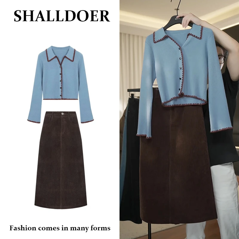 网红洋气炸街套装女2025春秋新款翻领长袖针织衫A字半身裙两件套