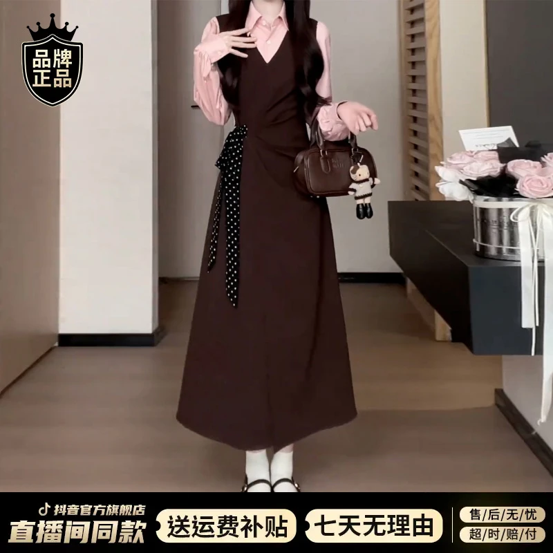 法式复古撞色拼接衬衫连衣裙子女秋季新款气质甜美风修身显瘦长裙