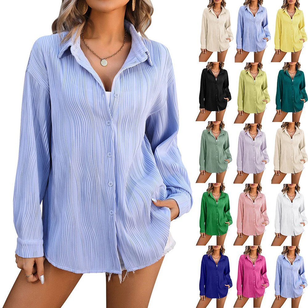 【清仓】欧美女装2024春夏新款独立站波浪纹理宽松时尚衬衫女