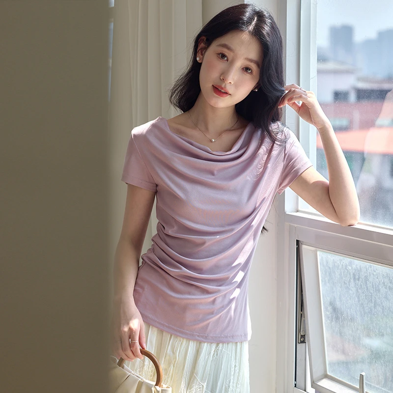 原水夏日ootd穿搭莱赛尔荡领短袖T恤女夏2025新款正肩上衣T58036