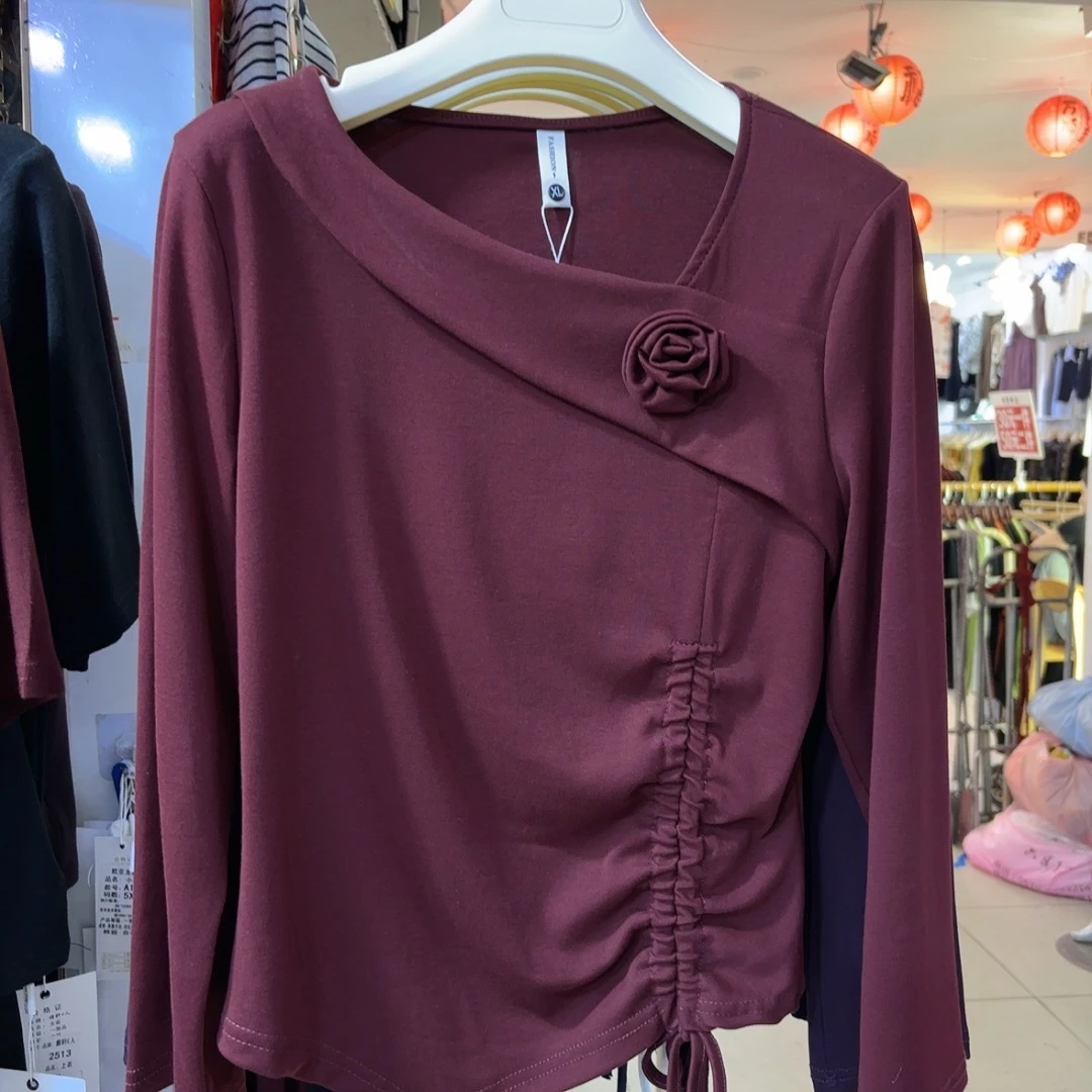 富利华初秋新款穿搭玫瑰花斜颈九分袖抽褶气质显瘦衬衫上衣