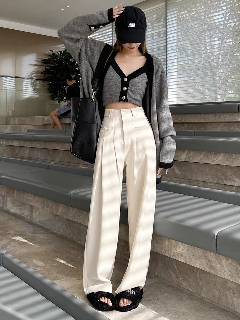 杏色阔腿裤女春季薄设计感高腰显瘦拖地裤冰丝休闲垂感直筒西装裤