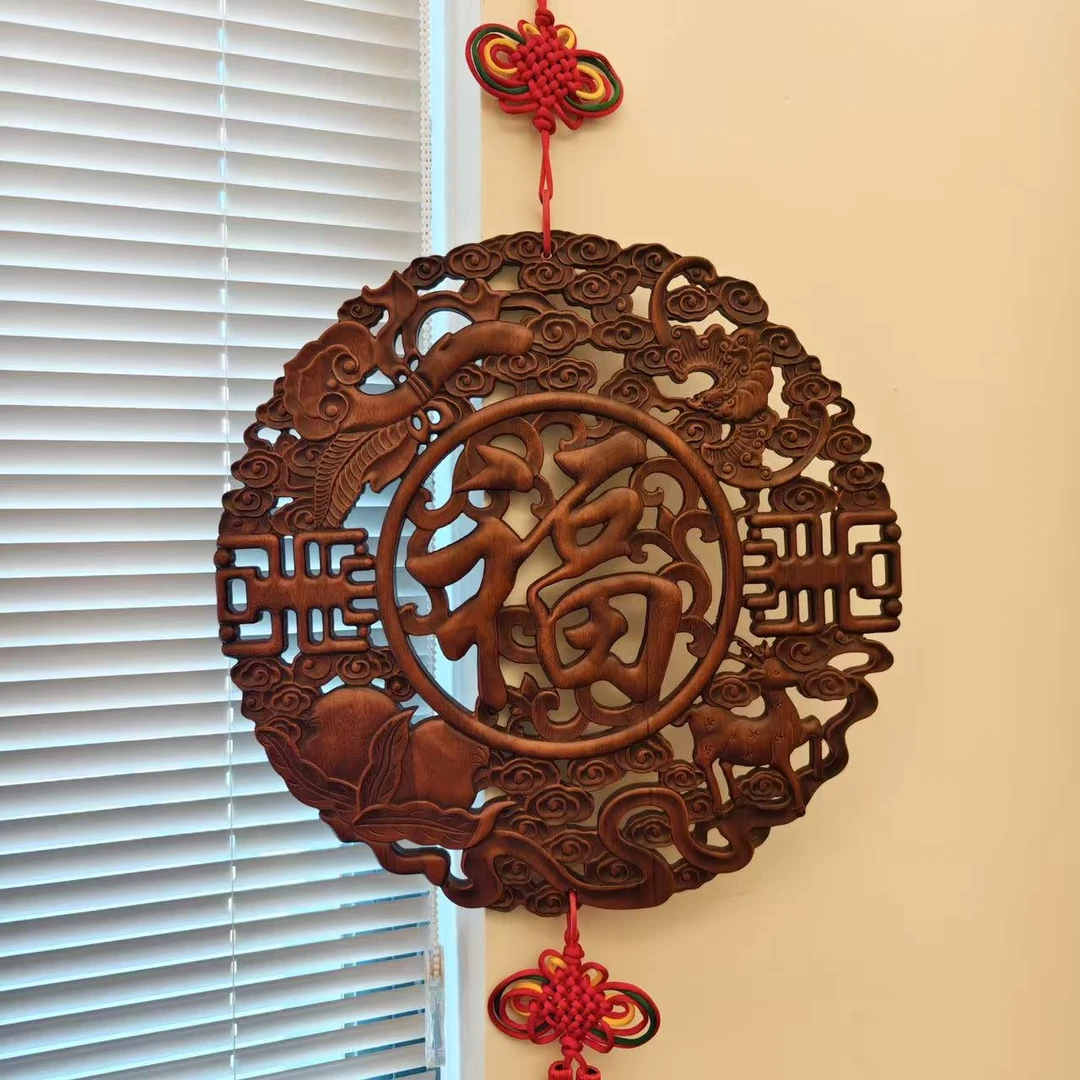 【福禄寿喜】香樟木实木精雕福挂春节新年挂件摆件48cm（有香味）