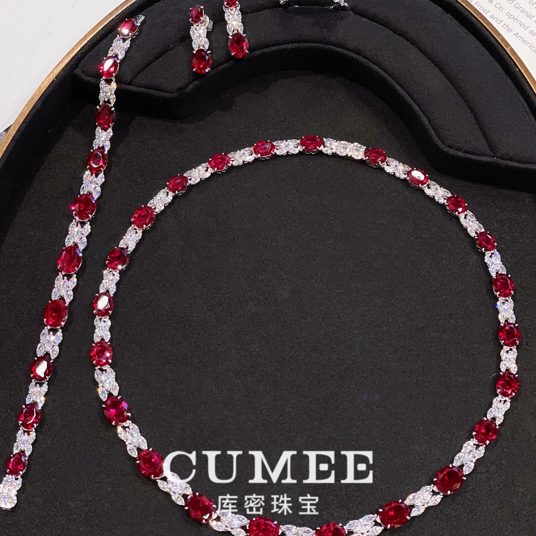 Cumee 吊坠925银 高贵典雅 培育合成红宝925银镀金戒指手链项链