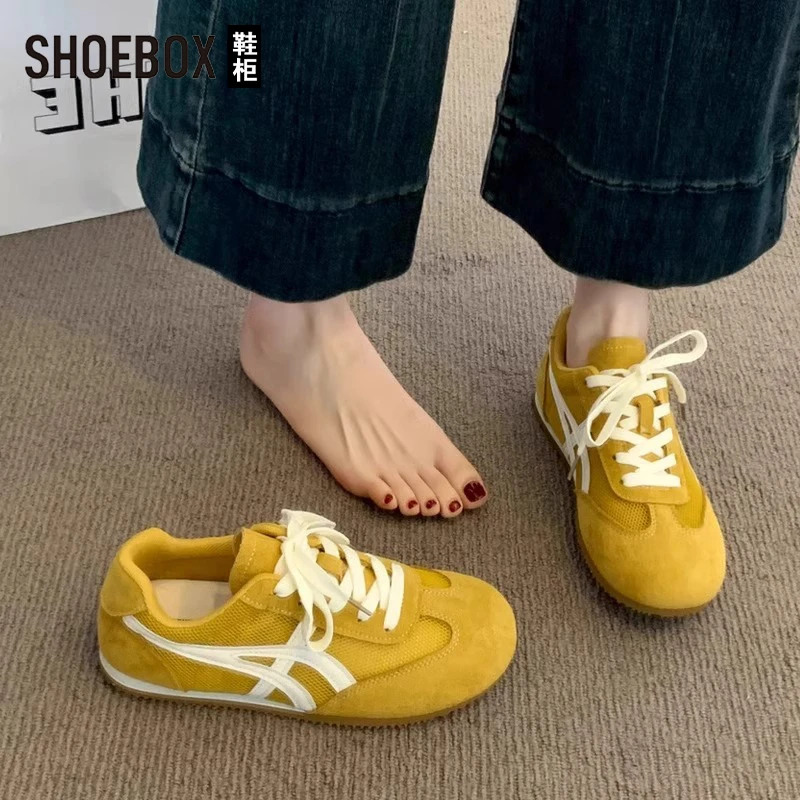 SHOEBOX鞋柜黄色德训鞋女款2025新款夏季透气网面休闲运动板鞋