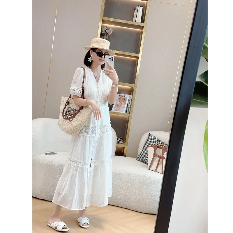 连衣裙夏季长裙度假裙小众中长款女装收腰白色气质设计感6555