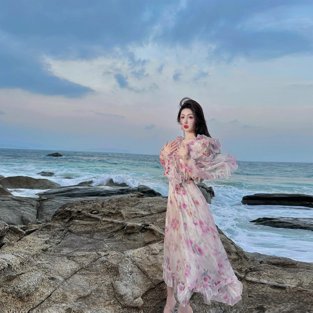 余潇潇【繁花星河】显瘦碎花长款短款真丝桑蚕丝连衣裙新款