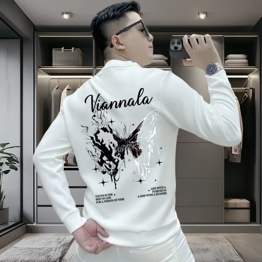 蝴蝶印花无帽卫衣美式高街重磅加绒男款秋冬白色潮款秋冬季男上衣