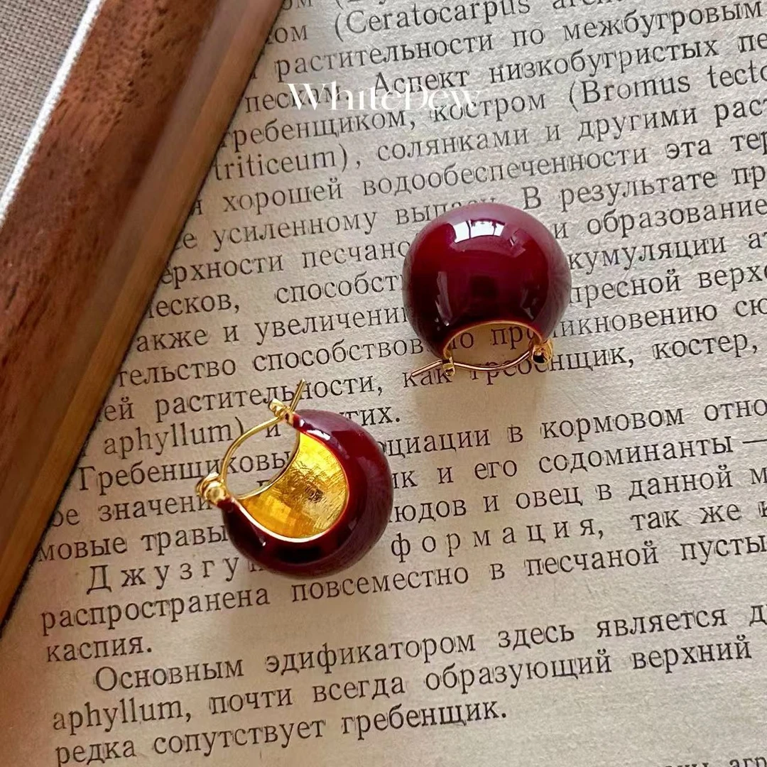 黄铜耳饰 法式复古滴油安哥拉红圆球耳环耳扣高级简约气质耳饰