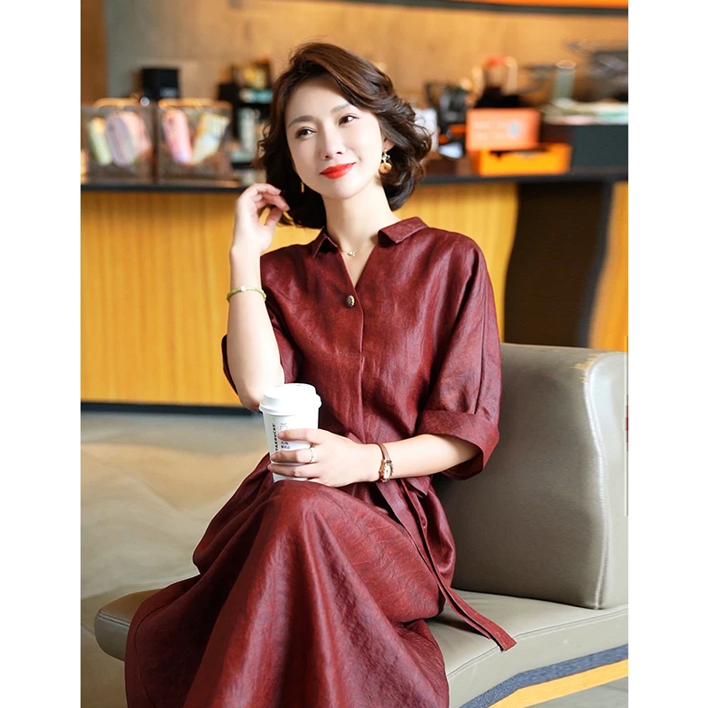 杭州真丝连衣裙中国风古典红云纱裙子女2024夏季新款桑蚕丝香云纱