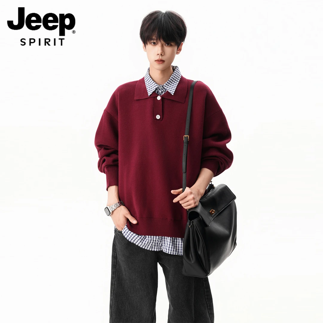 JEEPSPIRIT美式格子假两件翻领针织男款冬季男男士领子假两件毛衣