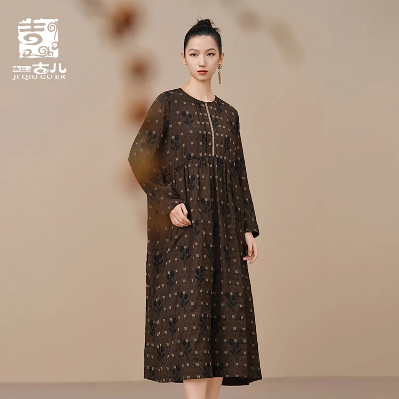 吉丘古儿原创连衣裙新中式复古剪花提花长袖宽松长裙秋季G231Y066