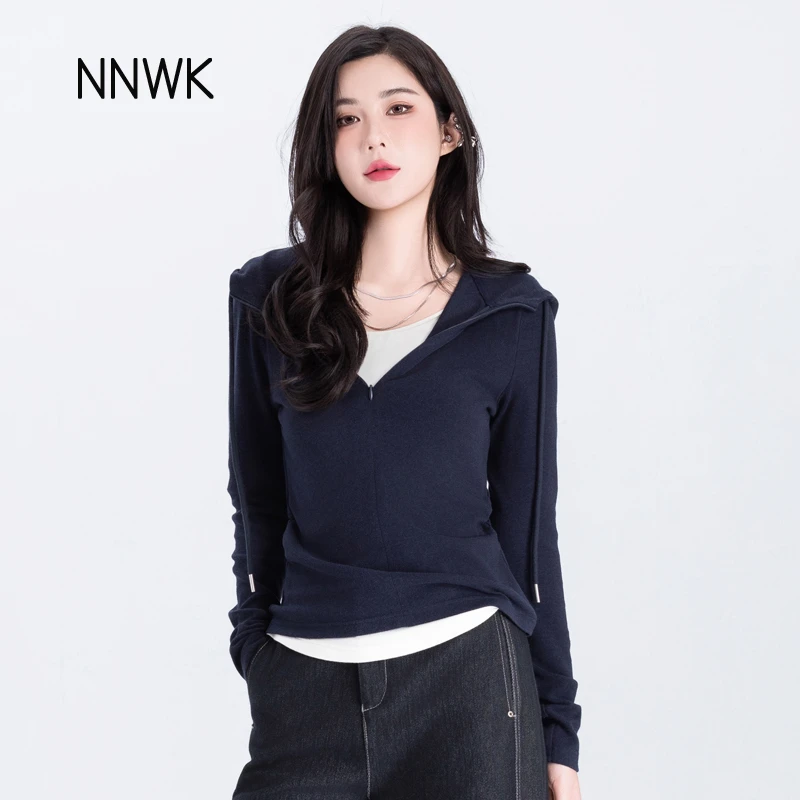 修身羊毛针织衫2025新款女装春秋季连帽休闲上衣百搭运动长袖T恤