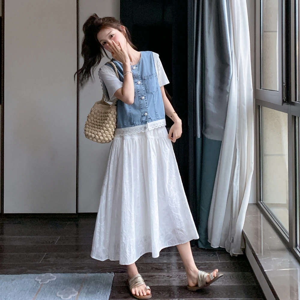 复古牛仔马甲连衣裙两件套女夏2025新款设计感蕾丝花边圆领套装裙
