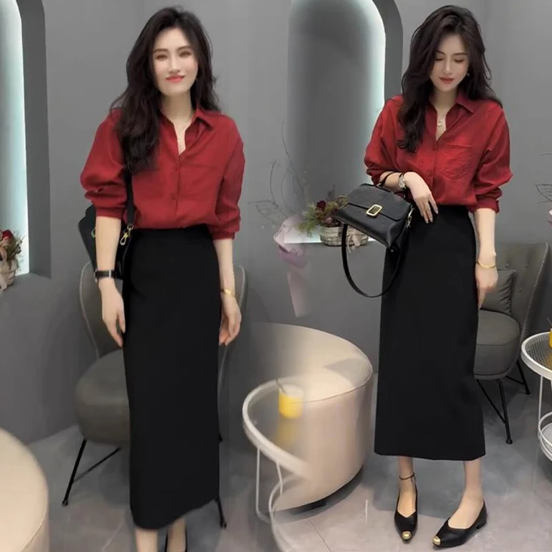 轻熟风连衣裙套装女秋季款洋气宽松显瘦翻领长袖衬衫半身裙两件套