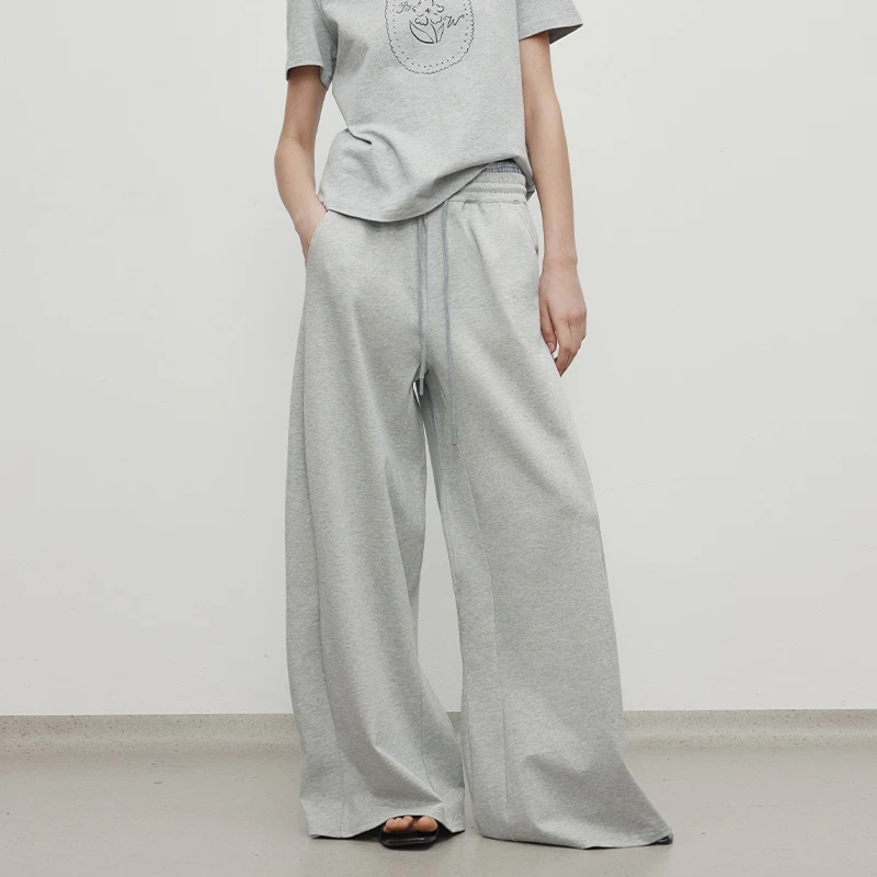 BLUEWEDIAN2025春秋M1U风抽绳系带松紧腰休闲裤女拼接腰头阔腿裤