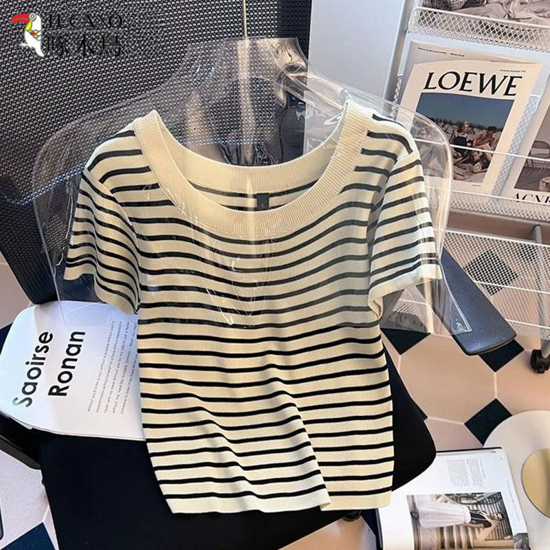 TUCANO/啄木鳥法式条纹撞色短袖T恤女款夏季新款气质针织正肩上衣
