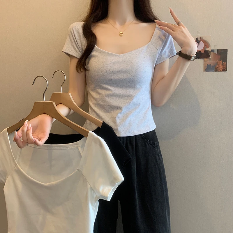 精棉210g大码短袖t恤女2025夏季新款显瘦气质休闲纯色百搭上衣