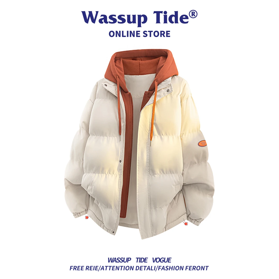 WASSUP tide潮牌美式假两件连帽棉衣男冬季新款情侣加厚保暖外套