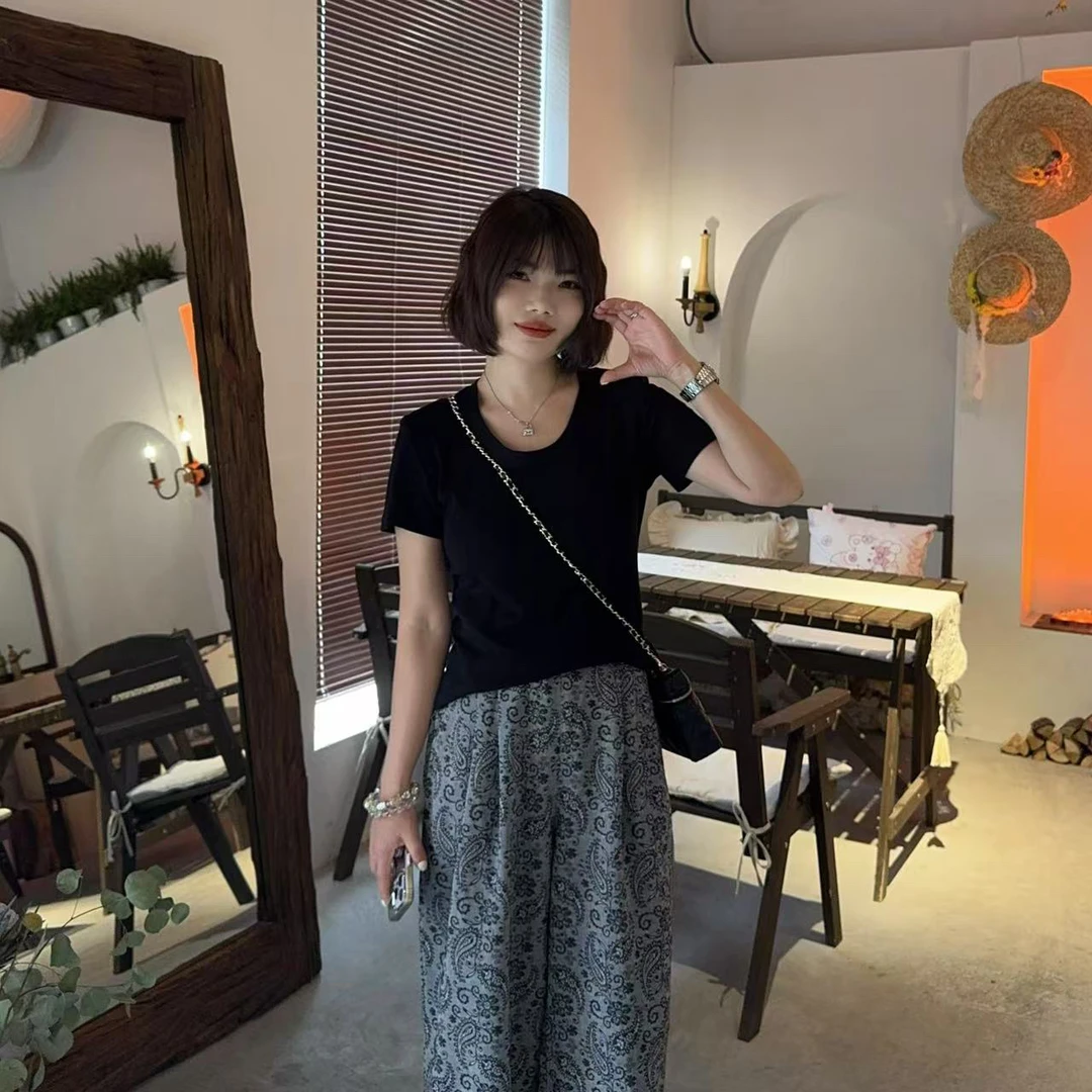 【回眸背影】夏季 圆领后背蕾丝提花拼缝短上衣修身掐腰时尚T恤