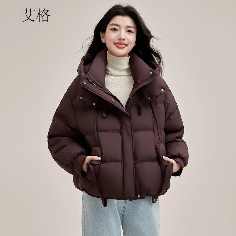 艾格短款羽绒服女冬季2024年新款韩版连帽宽松百搭小个子保暖外套