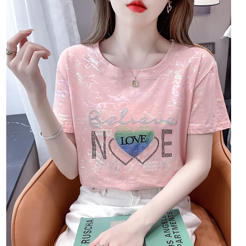 夏季2025新款高级感冰丝烫钻短袖T恤女士薄款宽松微透遮肚子上衣