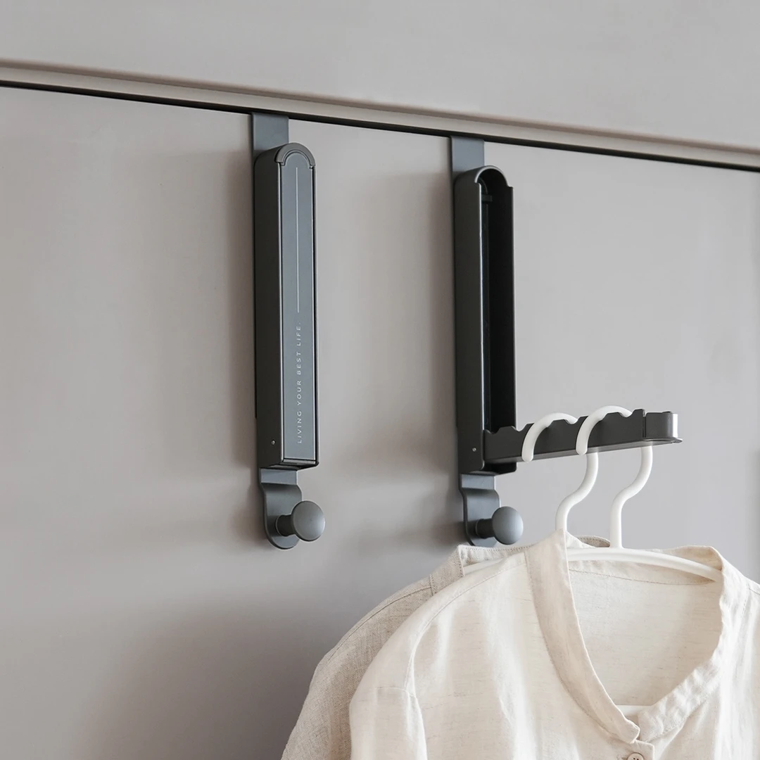 门后挂钩挂衣架免打孔折叠衣架收纳架阳台衣服挂架伸缩挂杆置物架