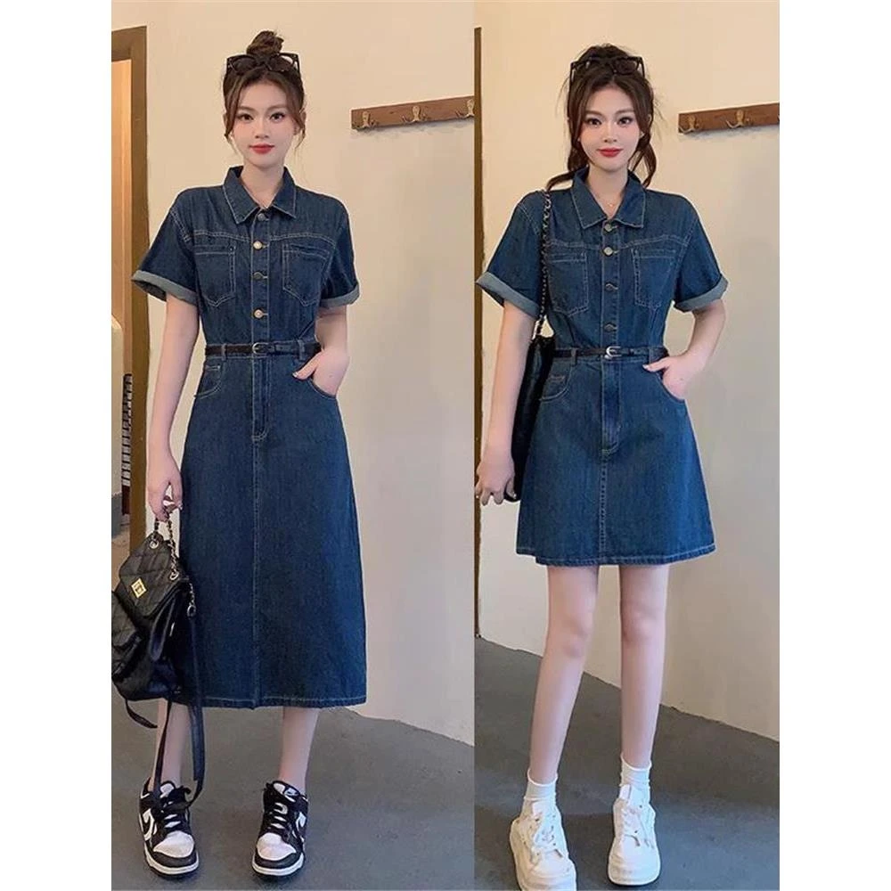 大码女装胖mm牛仔连衣裙女夏季新款裙子微胖女生遮肚显瘦裙子