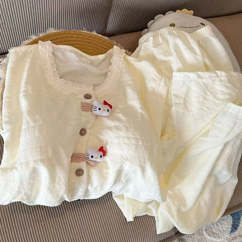 带胸垫杏KT猫睡衣女款春秋夏季长袖长裤套装可爱外穿家居服