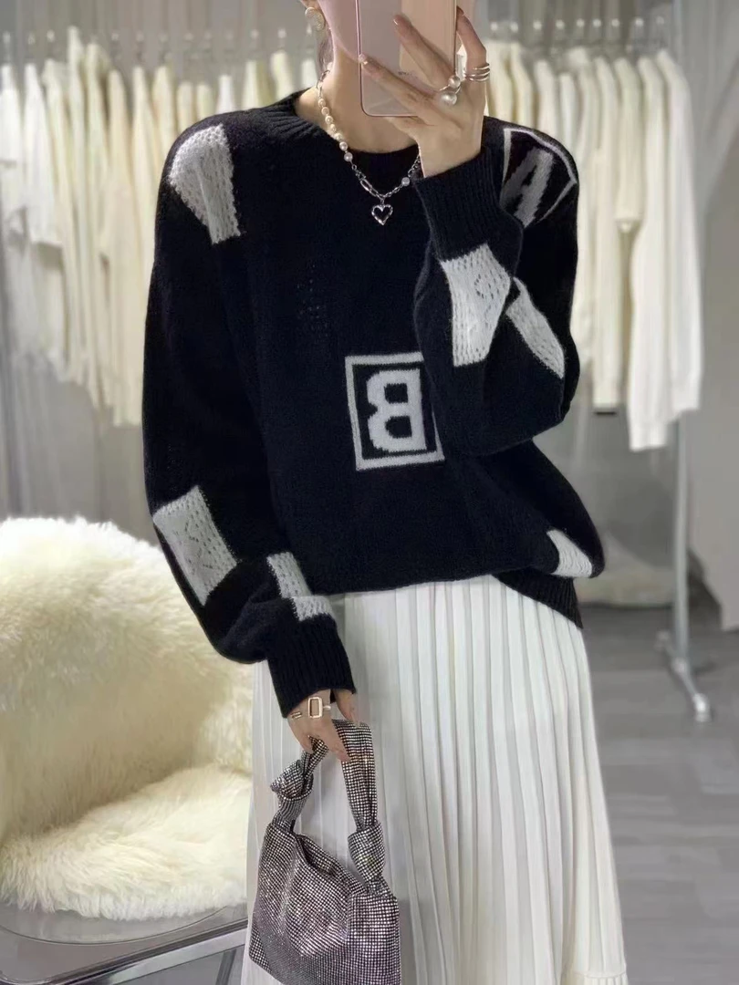 【虎玉妹海宁濮院】潮牌时尚女士羊绒衫百搭秋冬加厚撞色