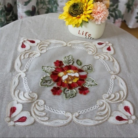 ZN007-1玻璃纱【30*30/三个】 红牡丹锁链绣桌布茶几布多功能盖巾