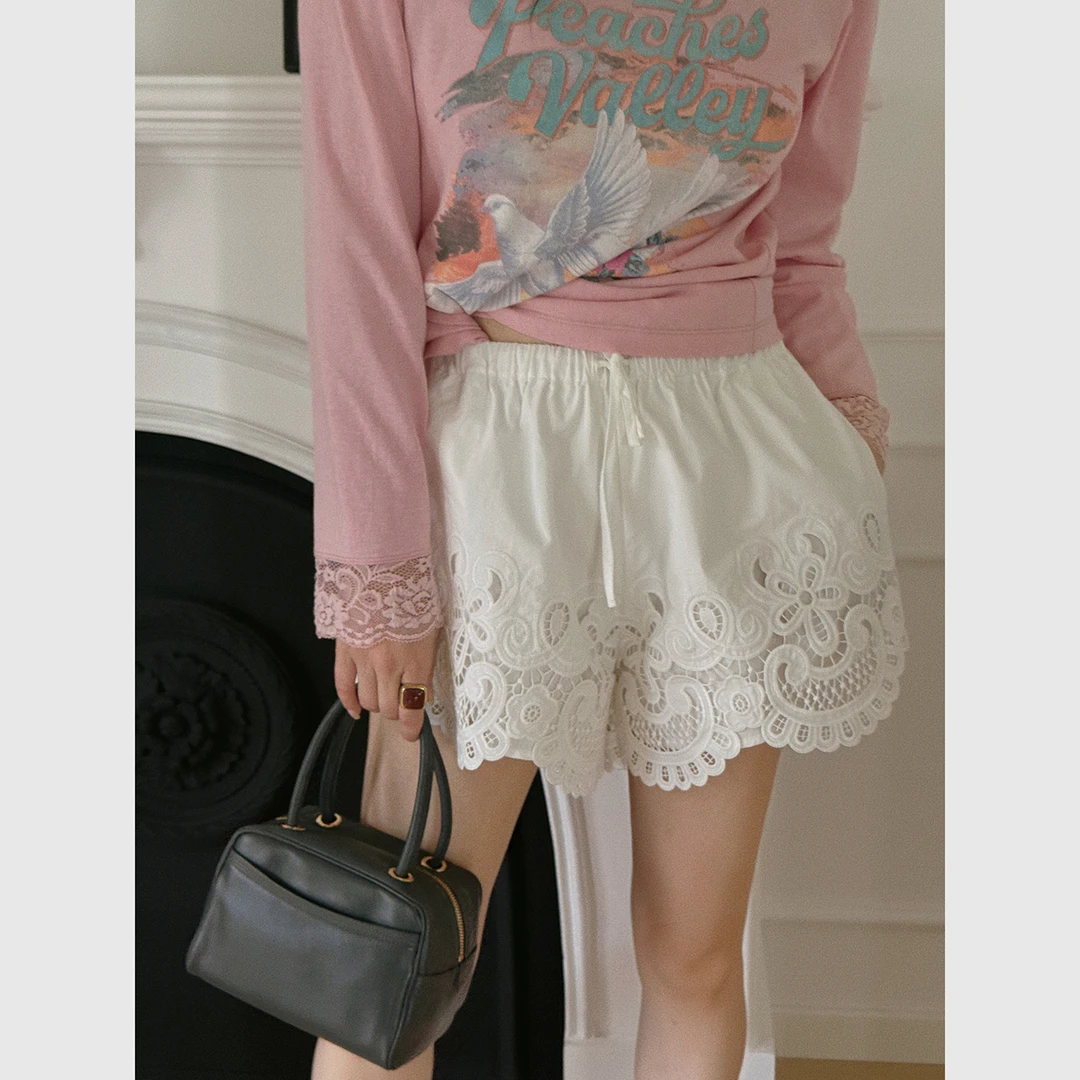 TOPCLOSET 南法度假 法式光影浪漫 镂空花边拼接高腰抽绳显瘦7648