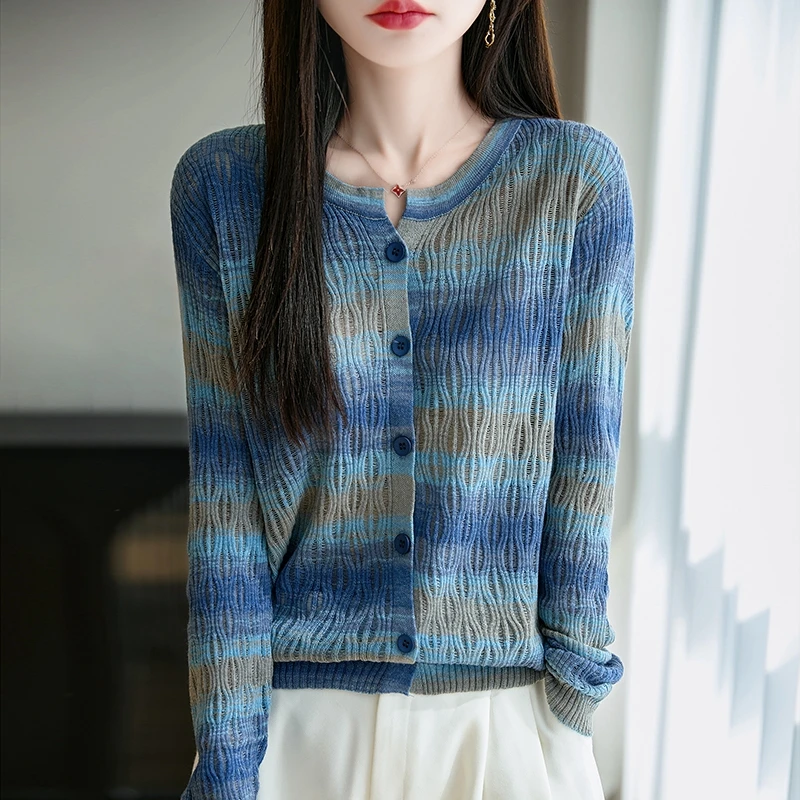 复古减龄彩虹条纹上衣修身显瘦长袖精纺羊毛针织开衫时尚条纹衫女