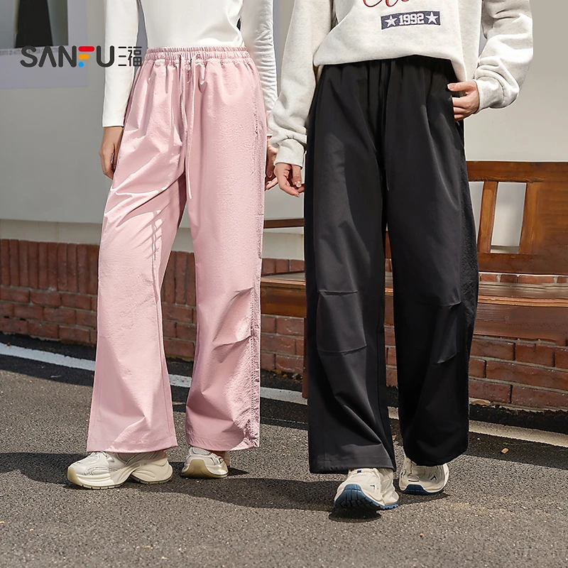 三福休闲裤2025夏季运动风破骨可调节抽绳工装长裤女装497037