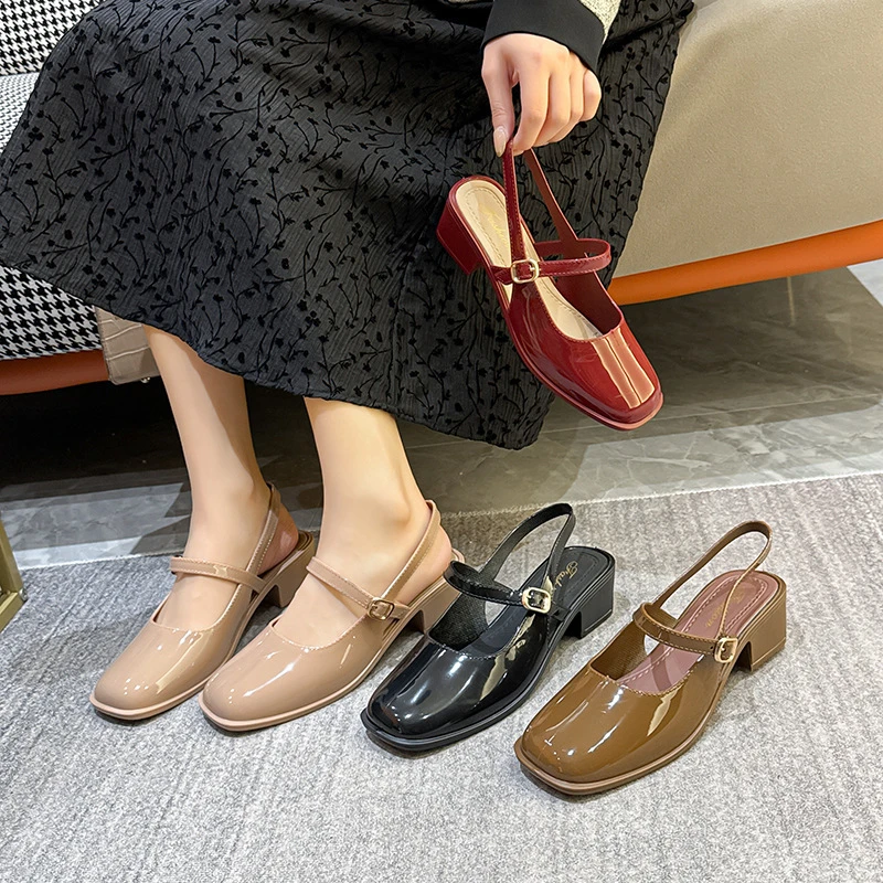 2025春夏季玛丽珍鞋子女中跟一字带包头凉鞋女粗跟单鞋方头高跟鞋