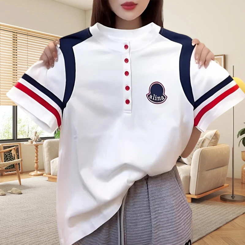 韩版撞色女士休闲t恤短袖2025夏季新款胖mm大码显瘦半纽扣上衣潮