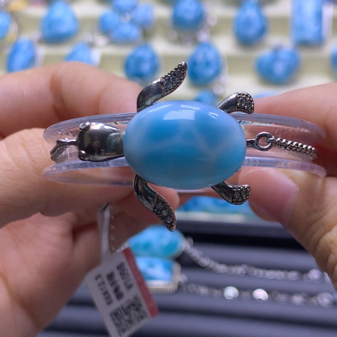 针钠钙石（海纹石）银S925镶嵌手链银龟手链色差略异