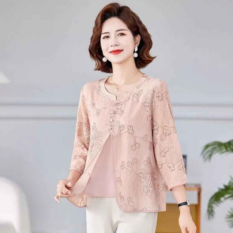 中老年女装套装常规款夏季中年刺绣大码橘粉妈妈装洋气