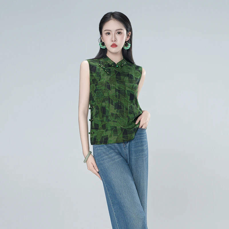 青娘子-香云纱(淡烟)印花花萝斜襟新中式宽松复古立领短马甲61221