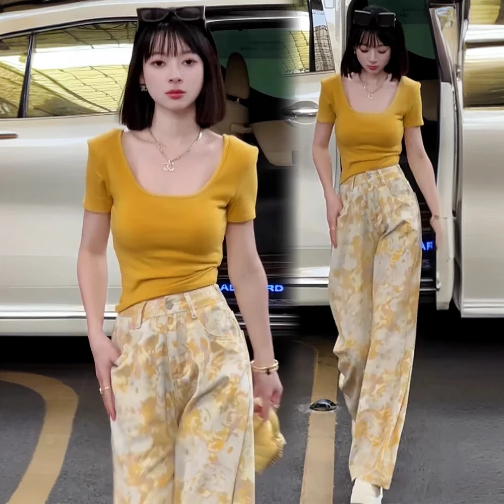 时尚休闲套装女2025夏季新款洋气显瘦短袖上衣印花阔腿裤两件套潮