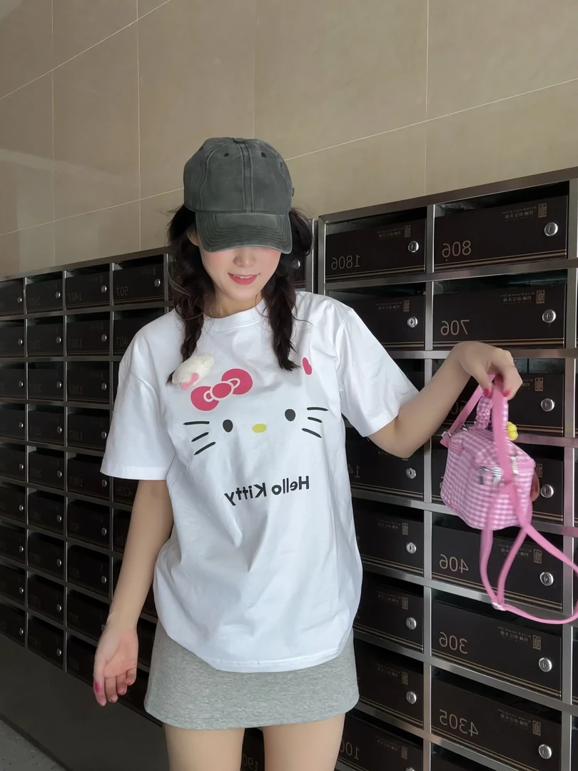 260中部纯棉宽松学院风短袖女款刺绣印花圆领时尚T恤猫咪