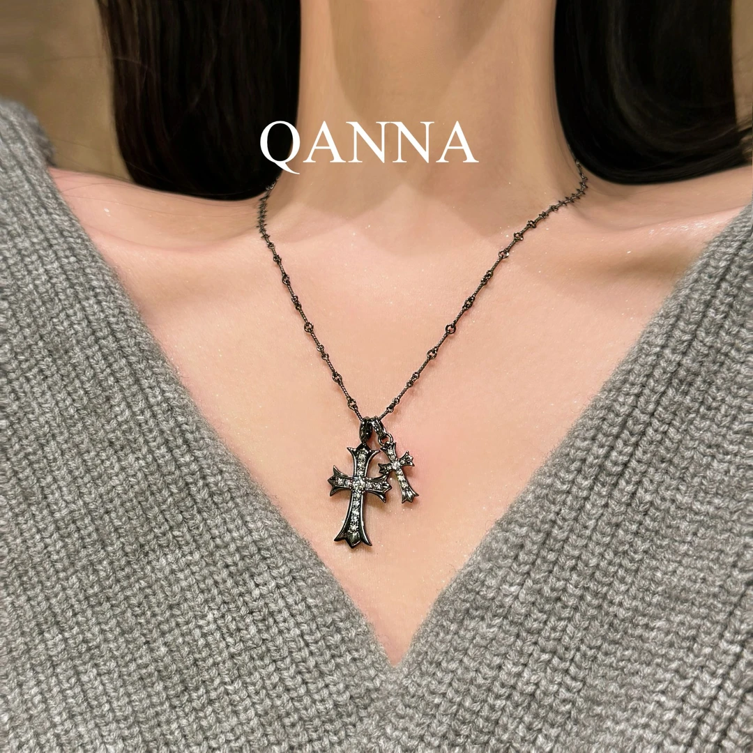 QANNA【黑金满钻双十字架】【设计 重金版】轻奢欧美风气质钻石项链AY